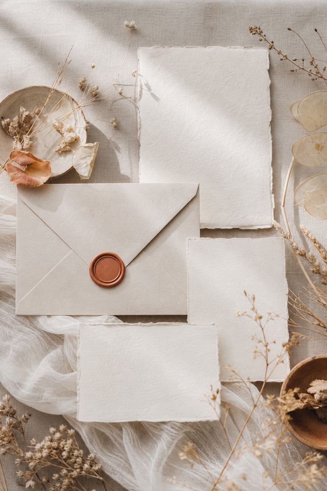 Wedding invitation suite flat lay: handmade paper, kraft envelope, copper wax seal, and dried wheat