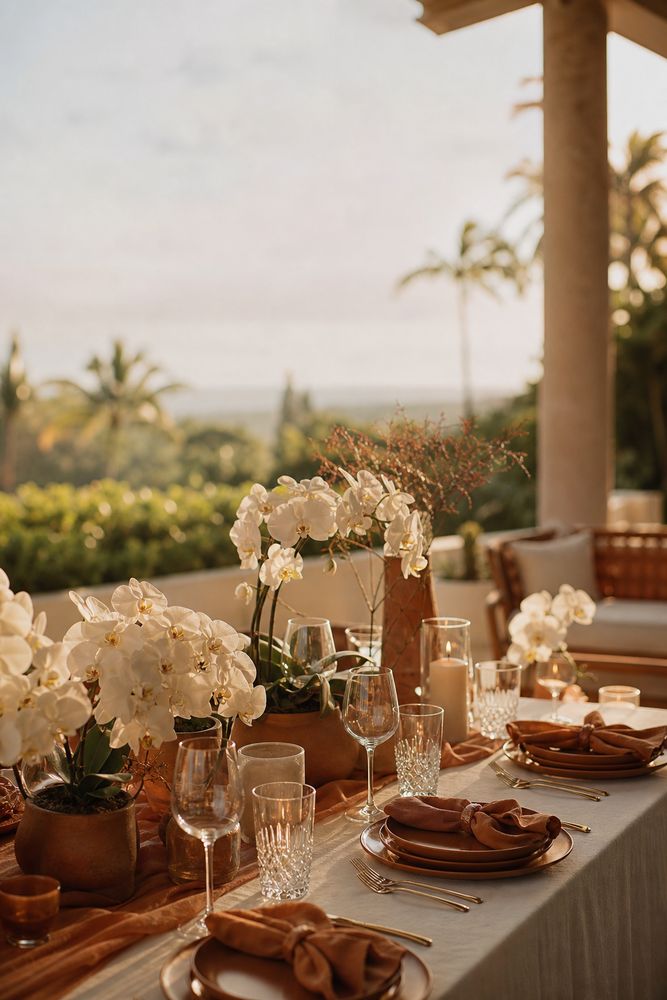Oceanview terrace set for an evening private event with orchids and candlelight