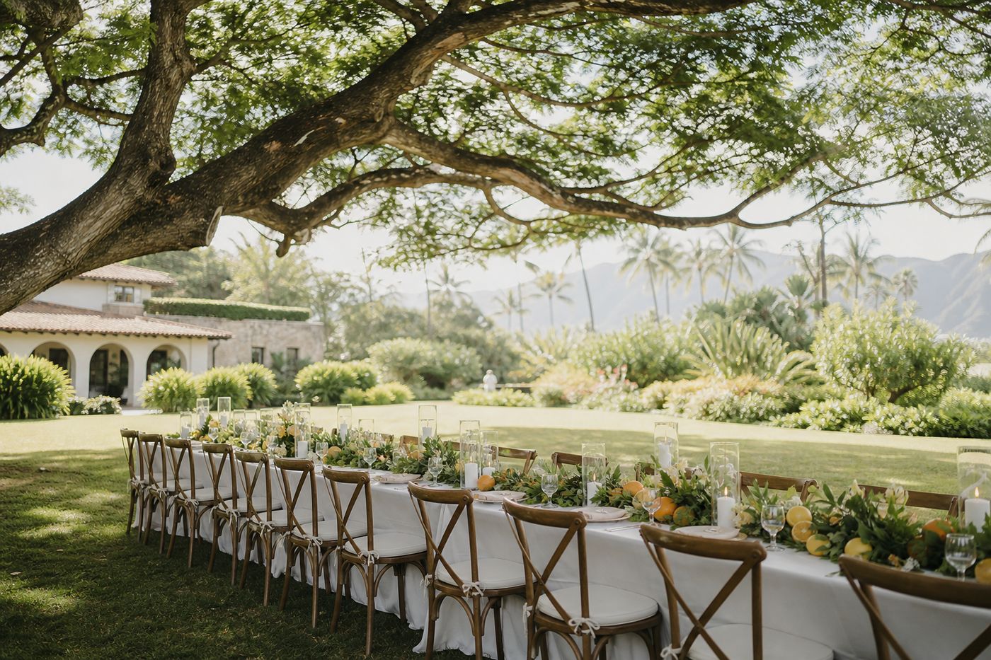 Reception table set beneath a sprawling tree at a private Hawaii estate, ready for guests