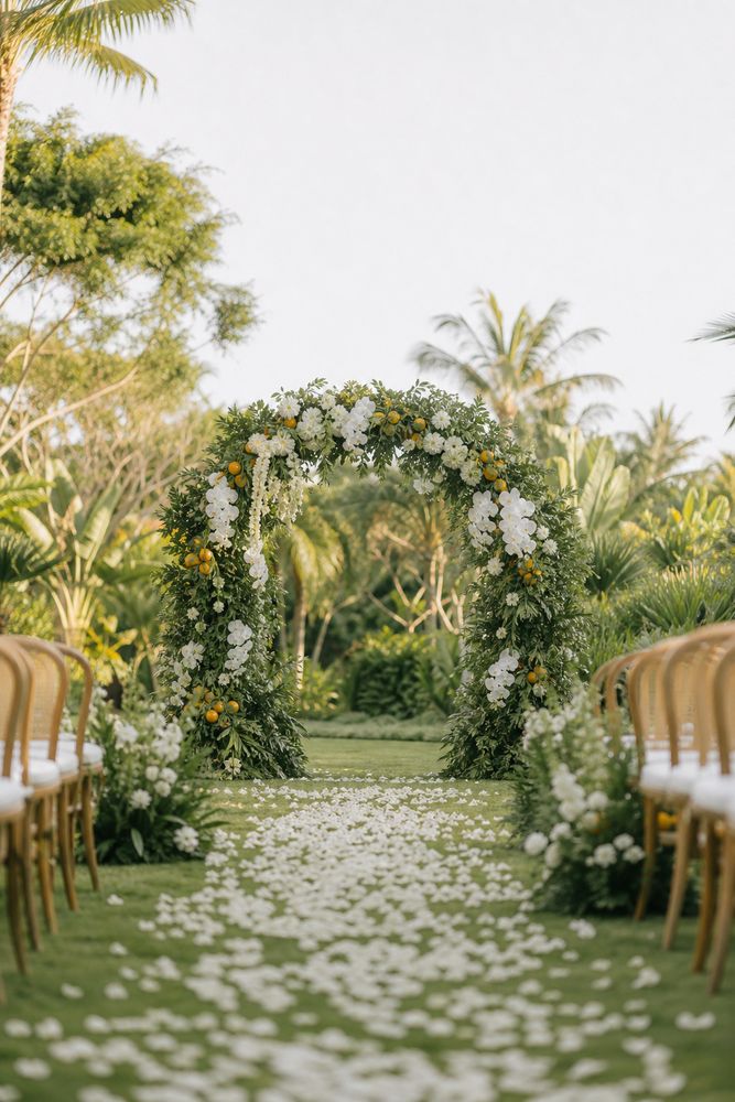 Floral ceremony arch over a petal-lined aisle, set and waiting for the ceremony to begin