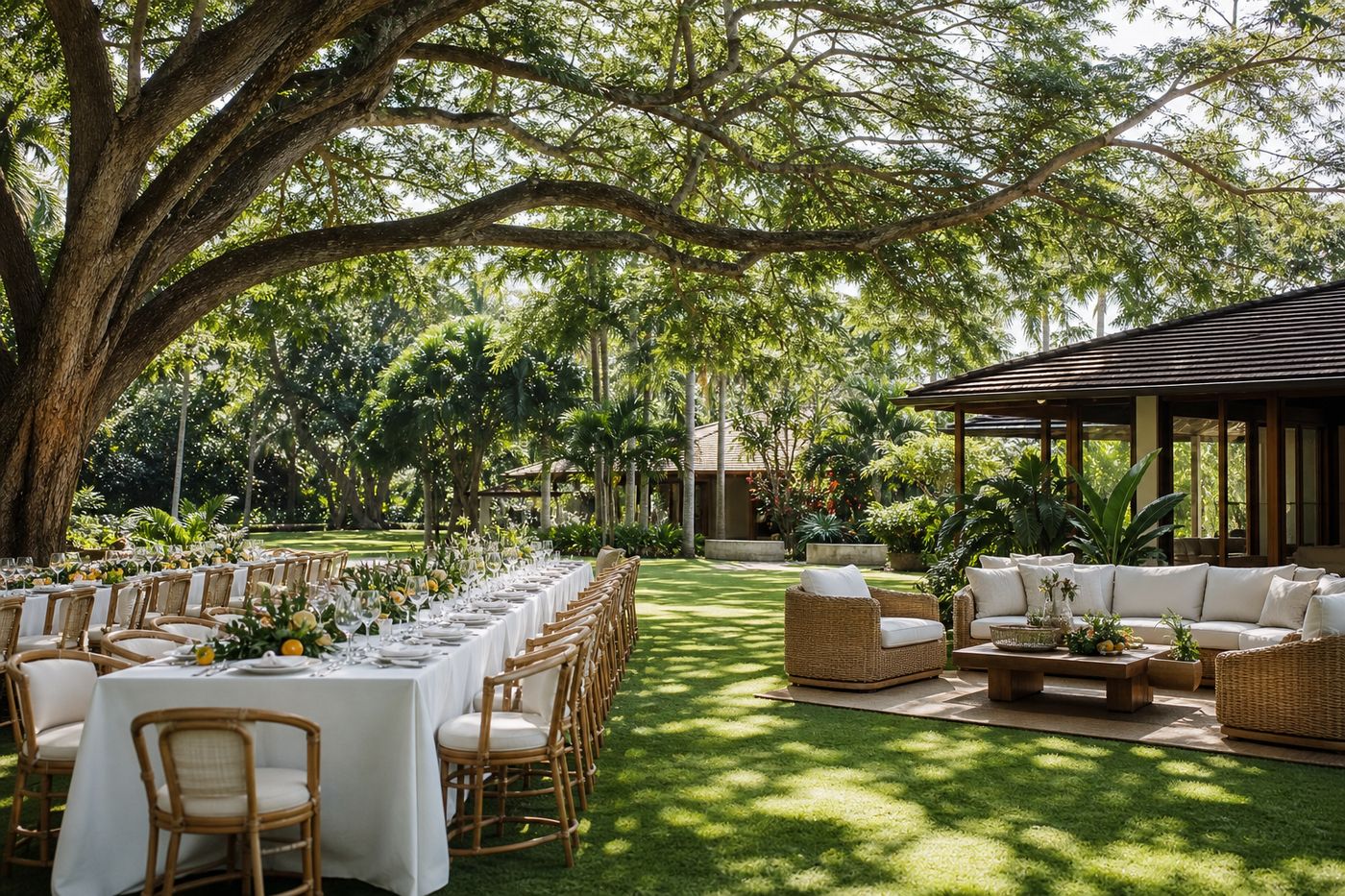 Executive dinner table set along an oceanfront lawn at golden hour, string lights overhead