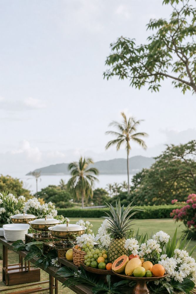 Styled retreat catering spread with fresh fruit and florals on an oceanside lānai