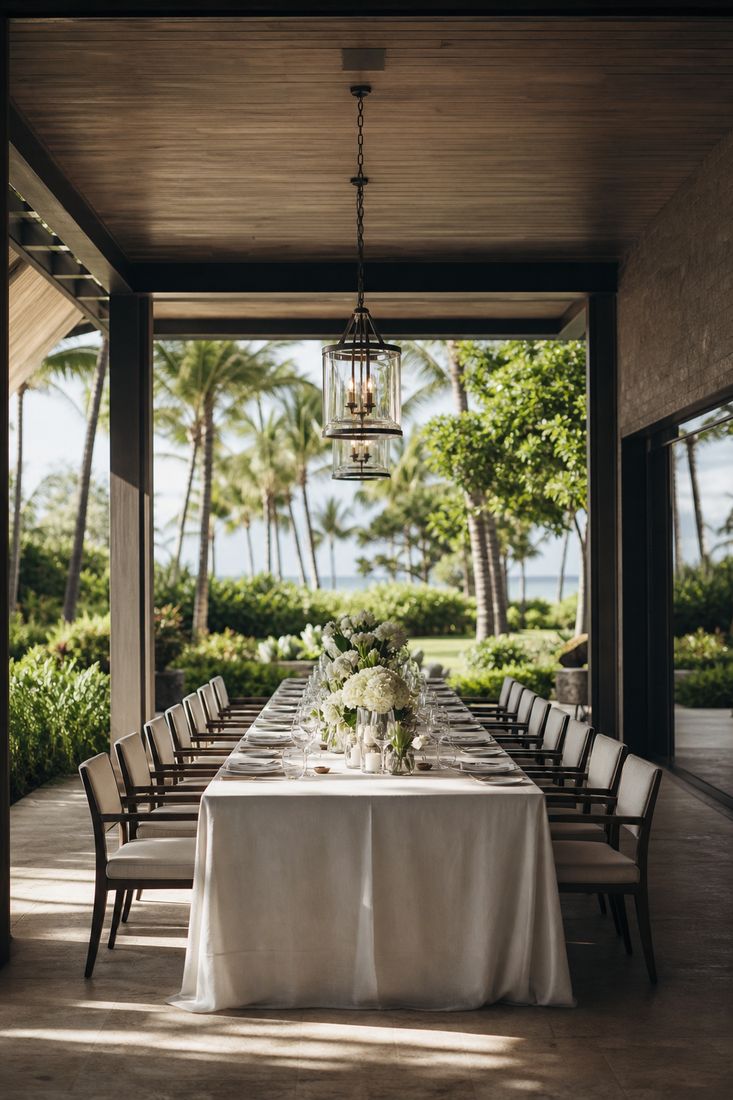 Open-air event pavilion glowing at golden hour, Ko Olina