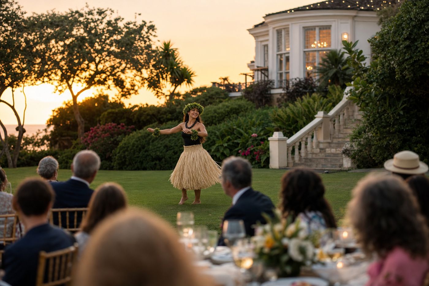 Hula performers dancing for guests at an evening retreat program, North Shore Oʻahu
