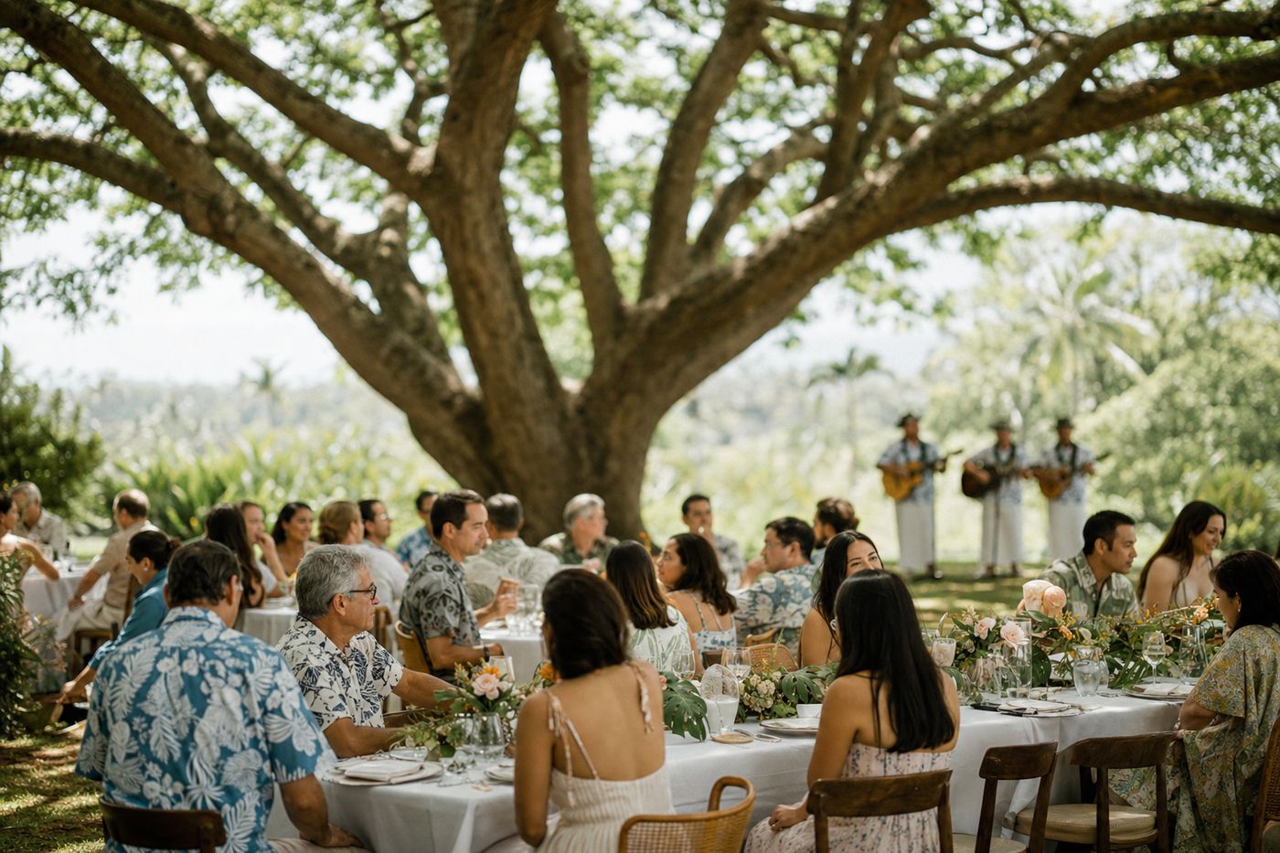 Guests seated at a long estate table beneath a monkeypod tree at dusk, Kailua