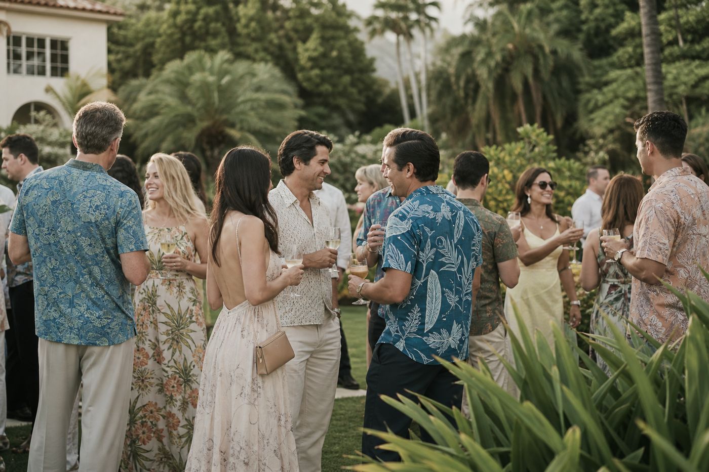 Guests mingling with cocktails on an oceanview terrace, Diamond Head