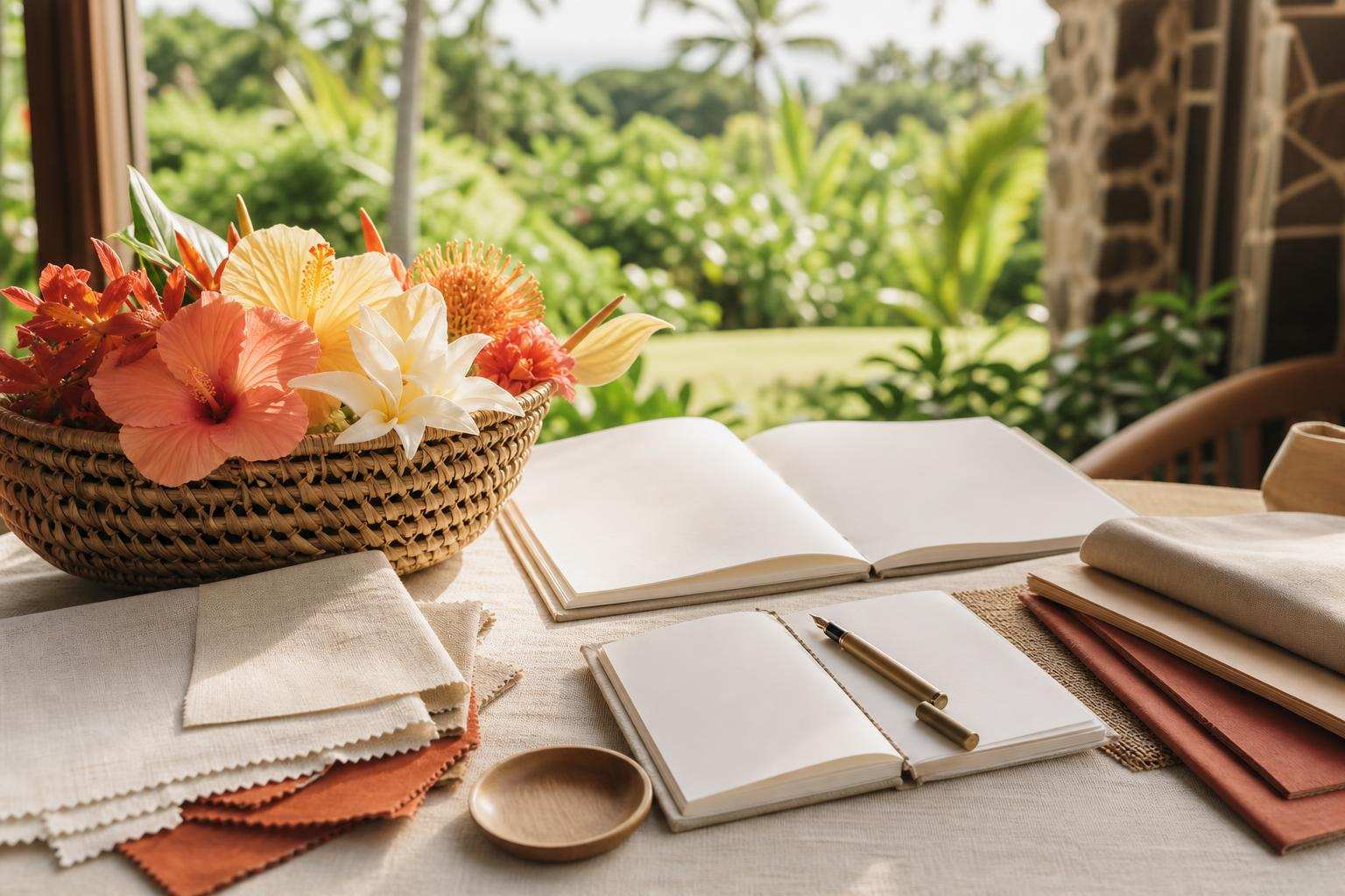 Planning notebooks, fabric swatches, and fresh tropical flowers laid out on a lanai table