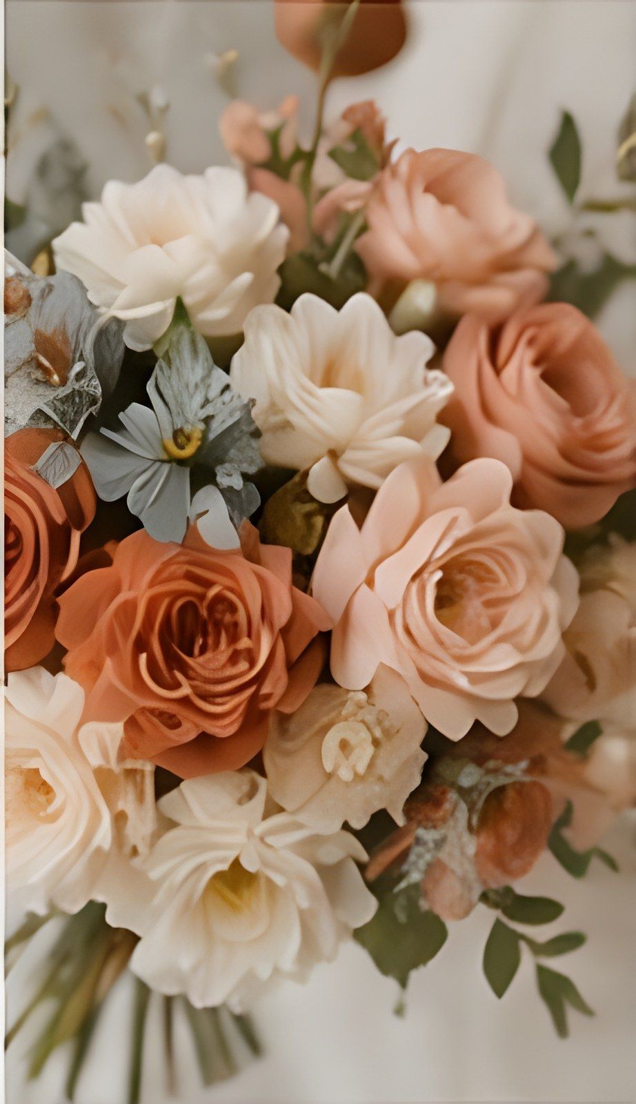 Bouquet of terracotta, blush, and dusty-blue blooms