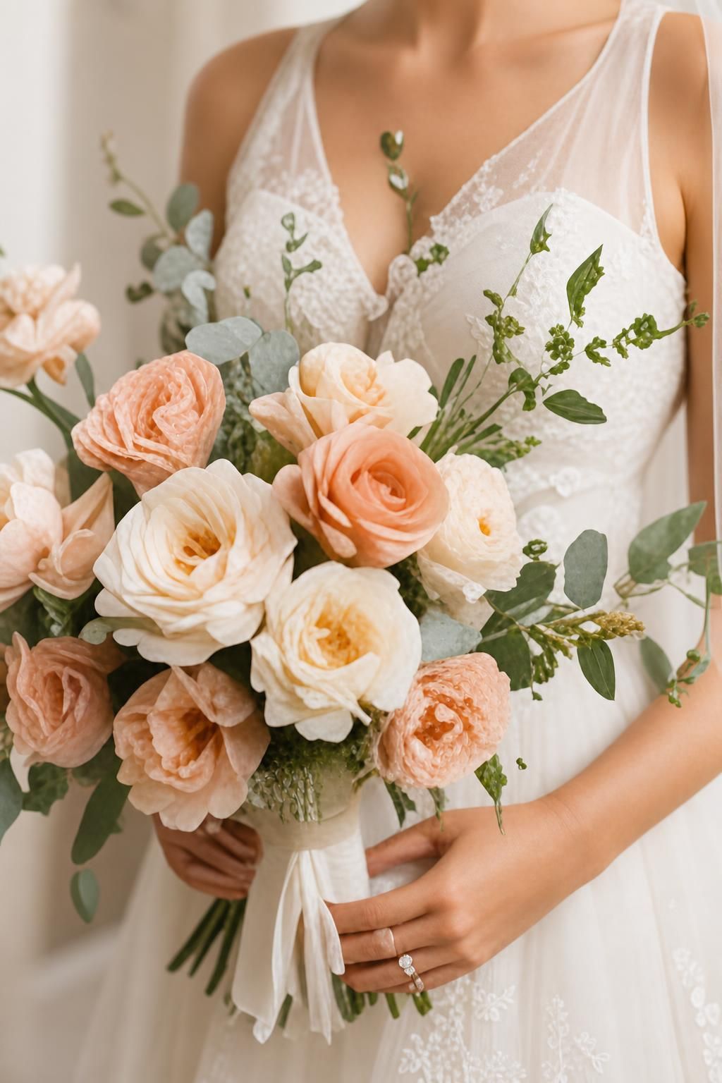 Bride holding a bouquet of peach and cream roses against an ivory gown