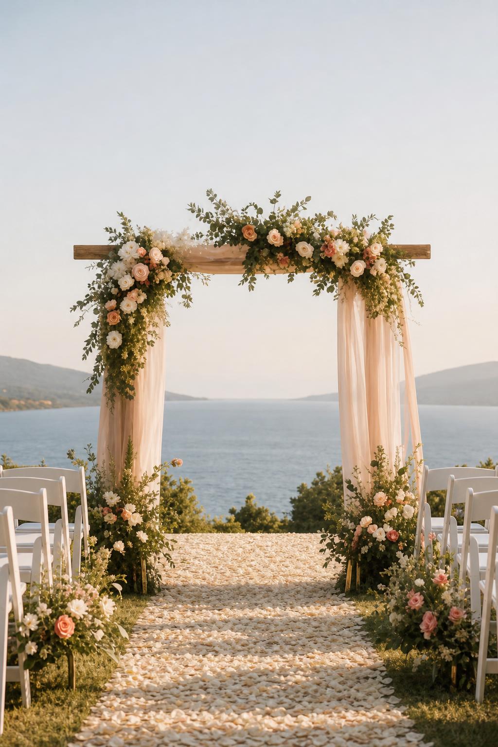 Floral ceremony arch framing the ocean at sunset, Ko Olina
