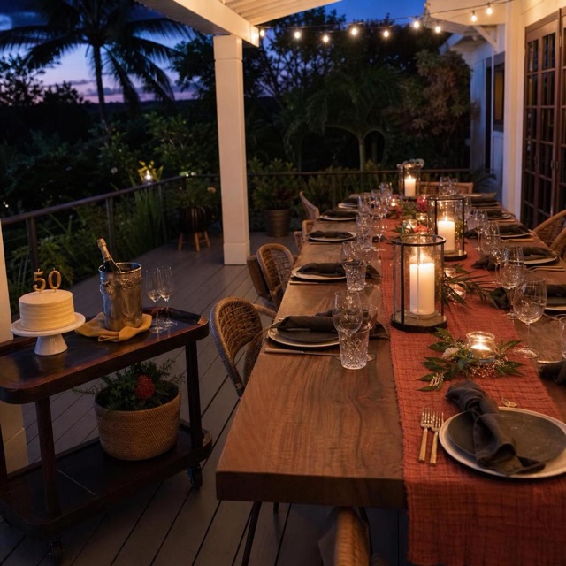 Milestone birthday dinner on a lanai at dusk: terracotta table runner, hurricane candles, and a cake with gold number-50 candles beside champagne