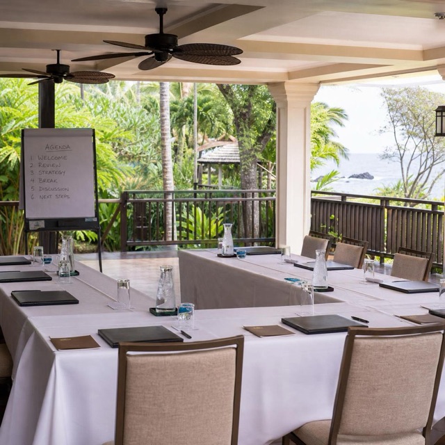 Executive strategy session arranged on an open-air resort lanai