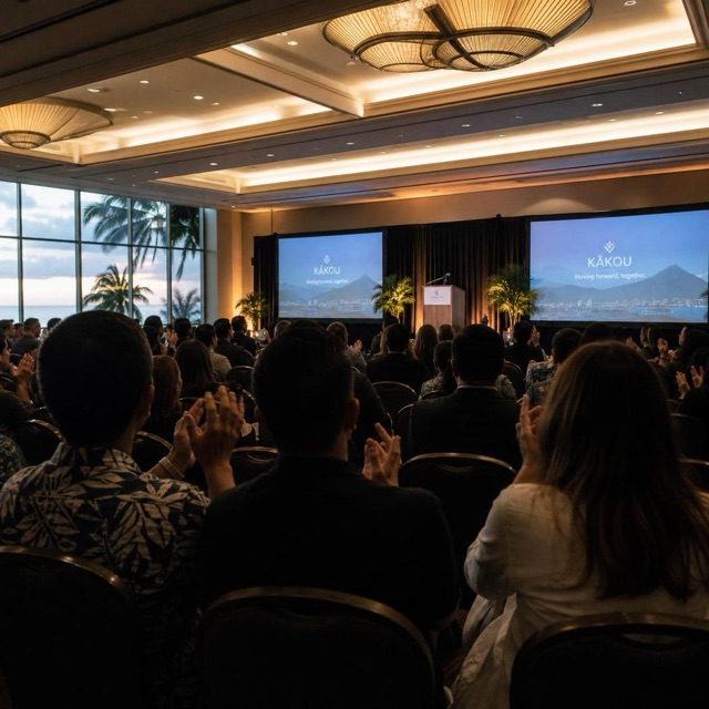 Audience facing a conference stage in an oceanfront Honolulu ballroom
