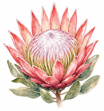 Pink protea botanical watercolor