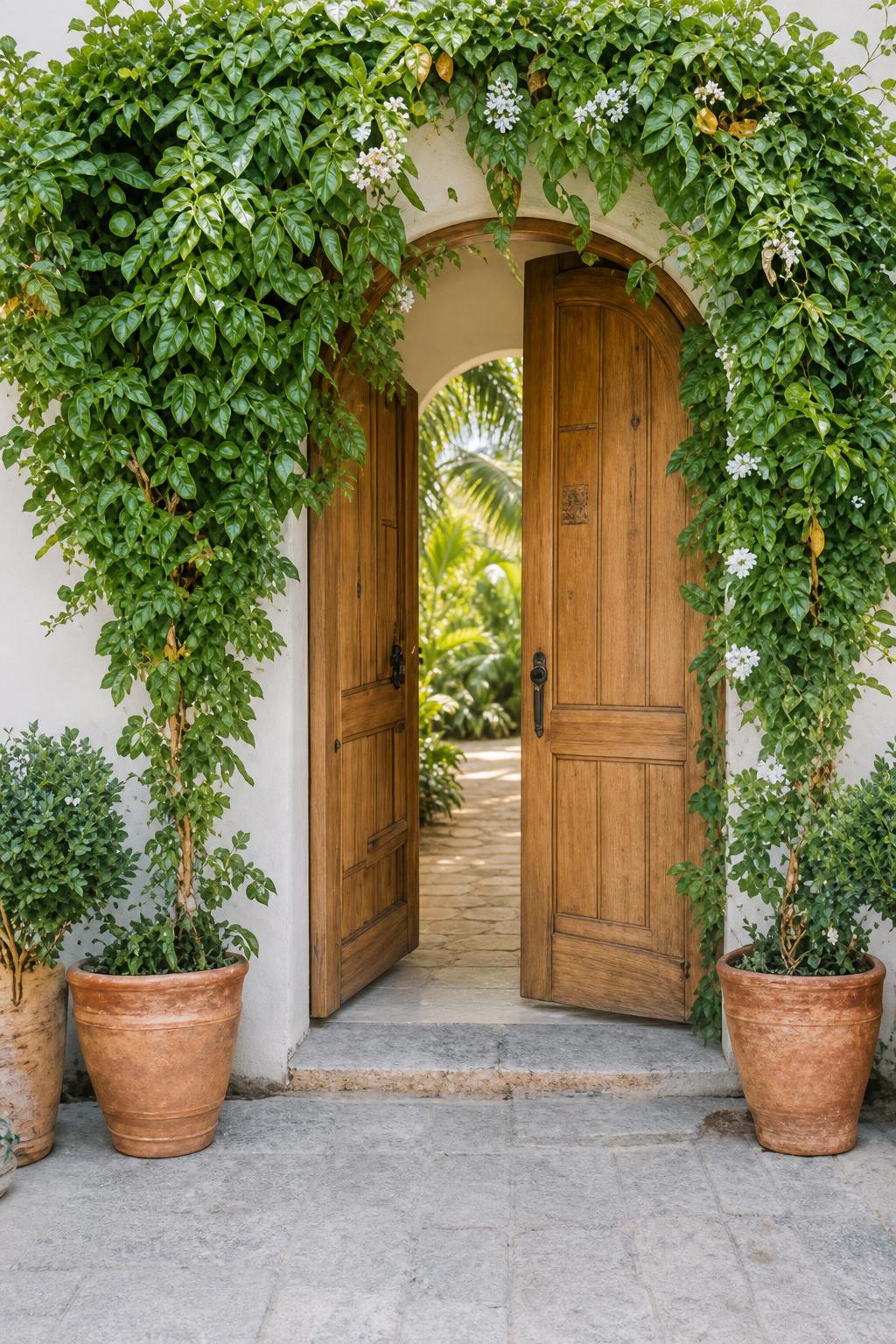 A weathered garden gate opening onto a lush private courtyard in Hawaiʻi