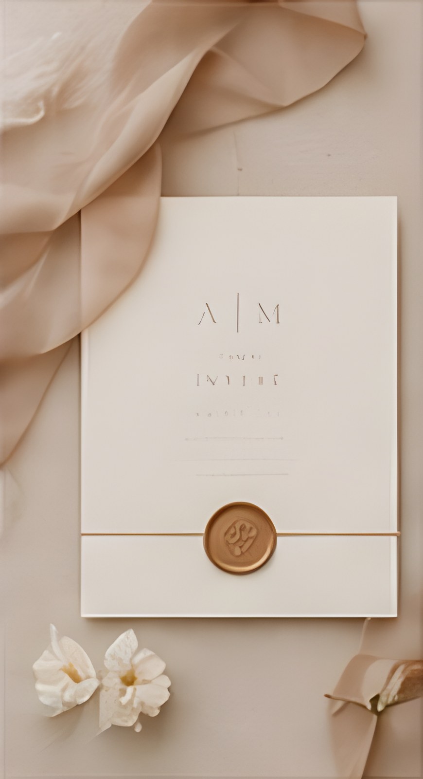 Wedding invitation suite with a hand-set wax seal on ivory paper