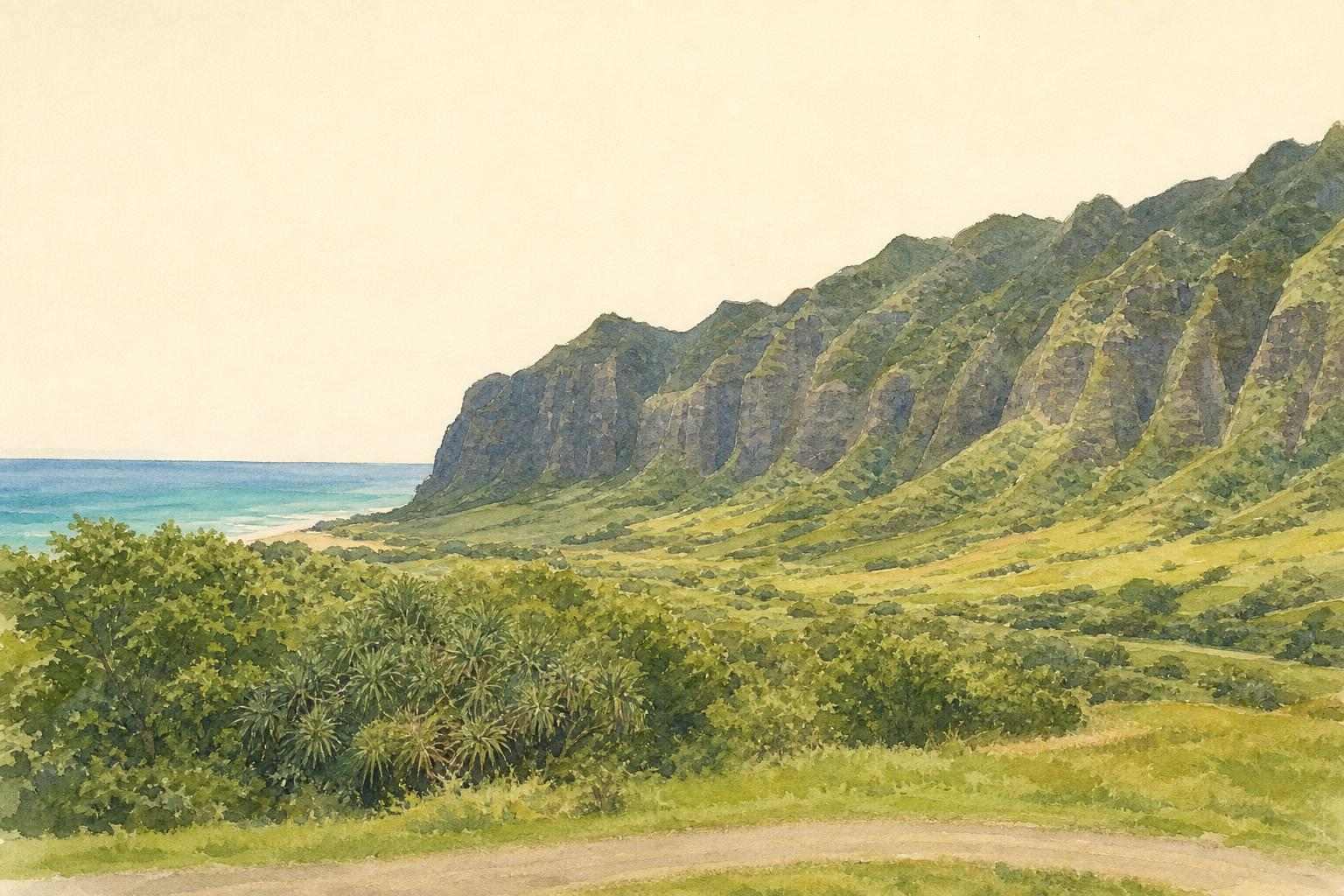 Watercolor painting of the Kualoa valley that brushes away to the real photograph
