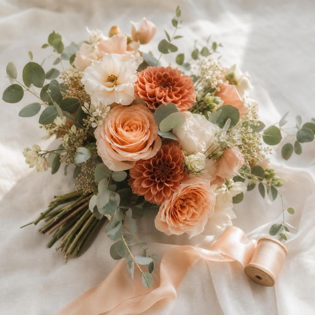 Peach and terracotta bouquet on linen