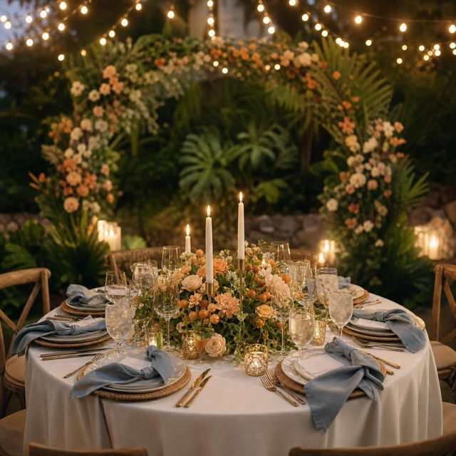 The realized tablescape under string lights at dusk