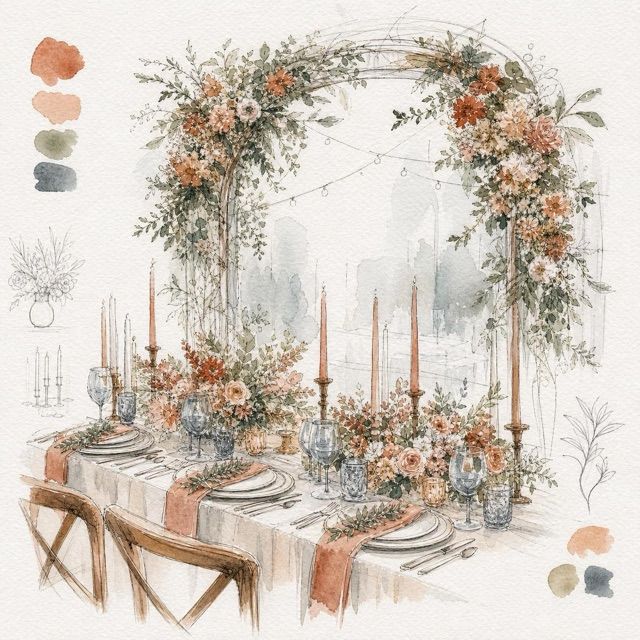 Watercolor concept sketch of a reception tablescape