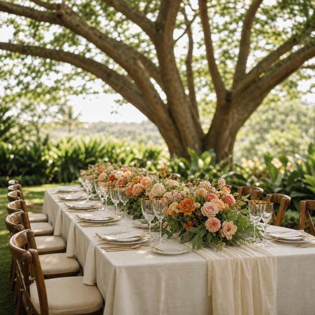 Long reception table under monkeypod trees