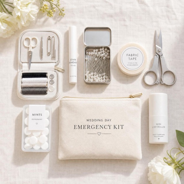 Neatly organized wedding-day emergency kit