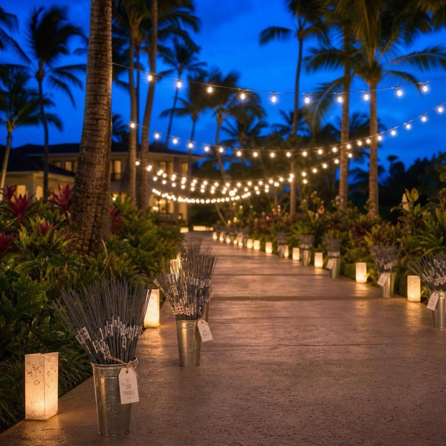 Blue-hour path lined with lanterns and buckets of sparklers
