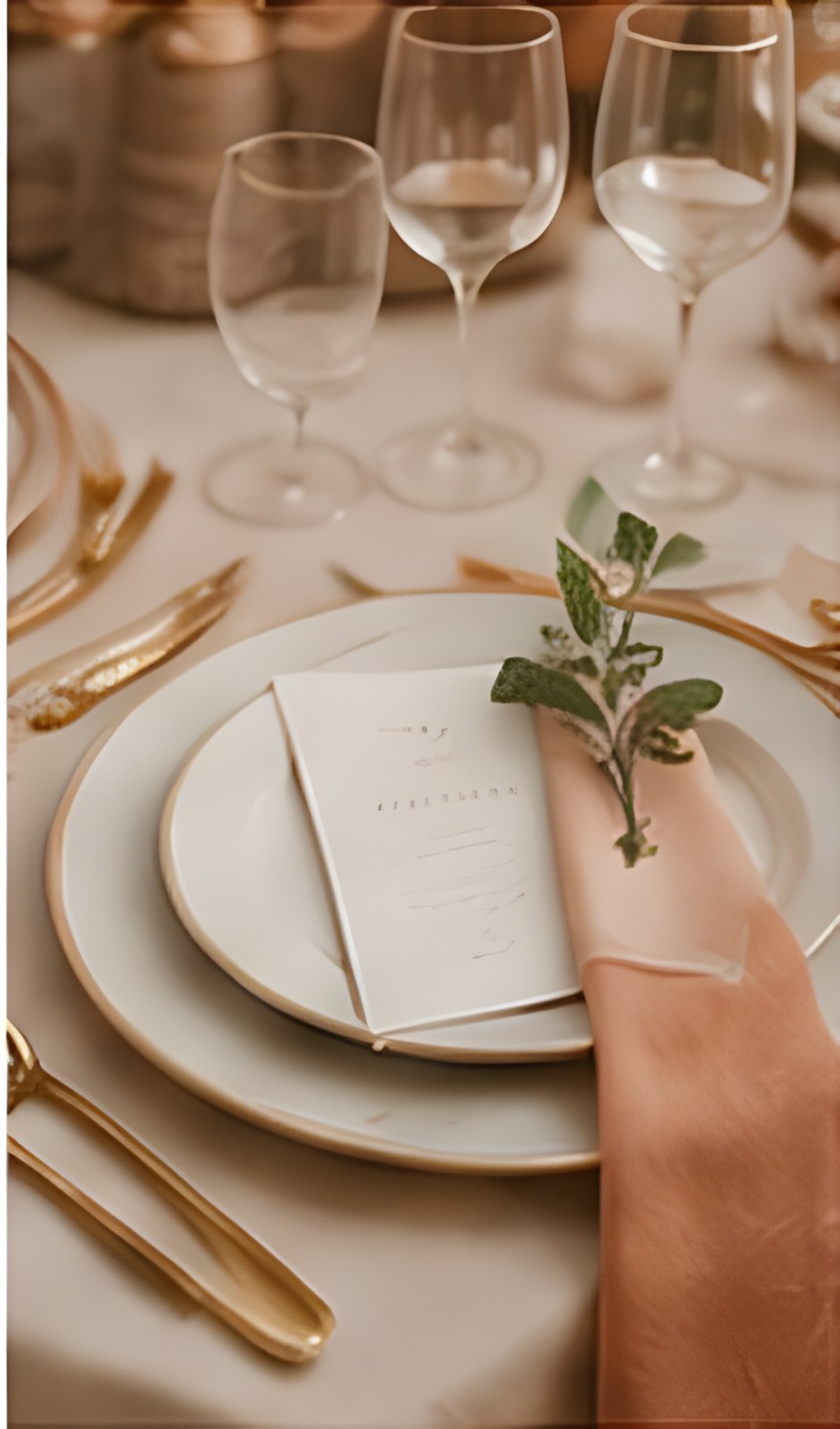 Elegant wedding reception place setting with linen and citrus sprig