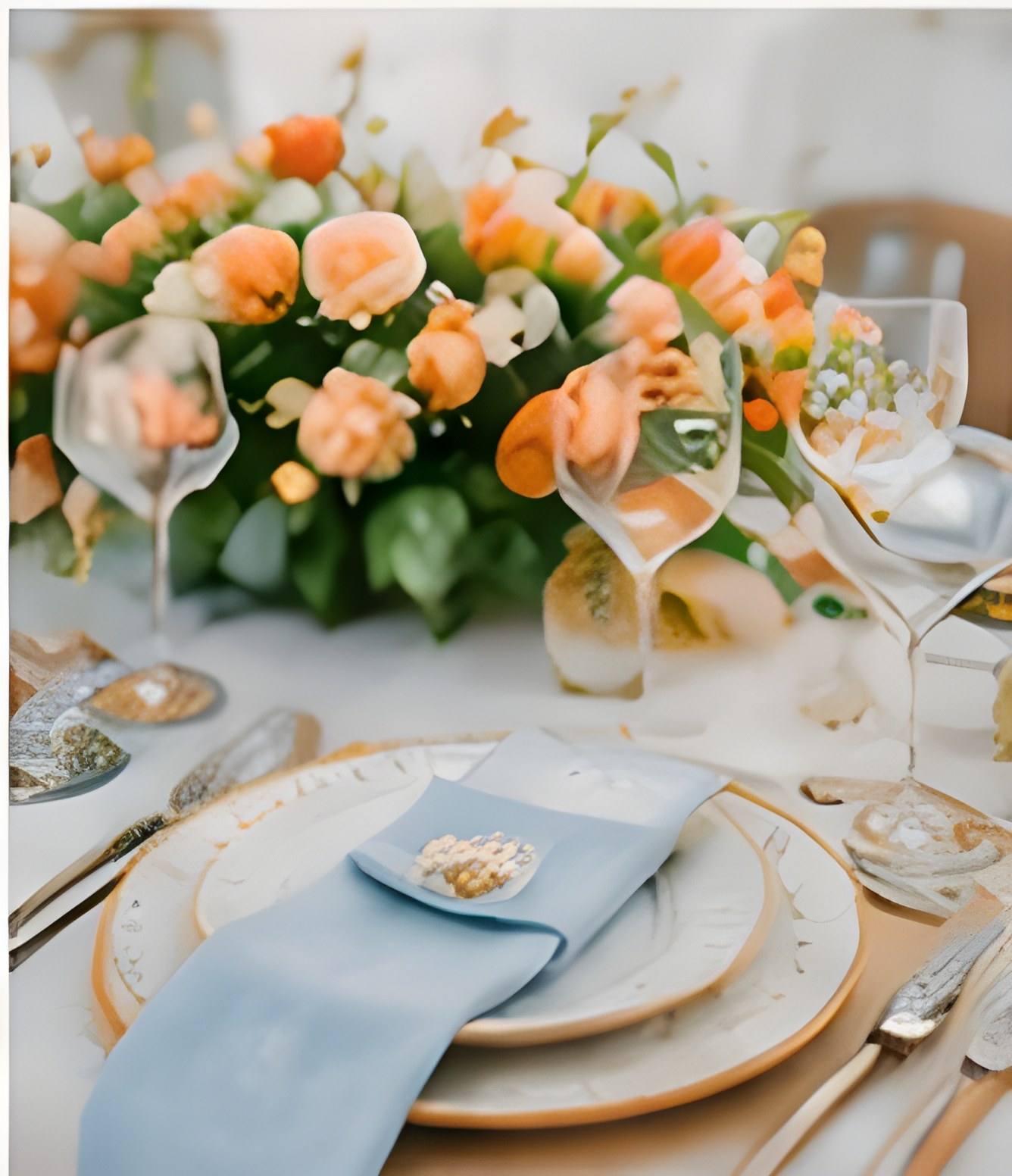 Citrus and linen tablescape with a dusty-blue napkin