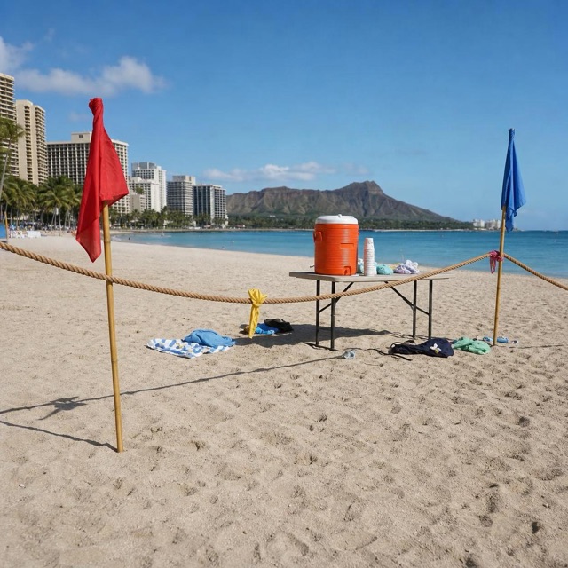 Team flags and challenge equipment arranged on Waikīkī sand