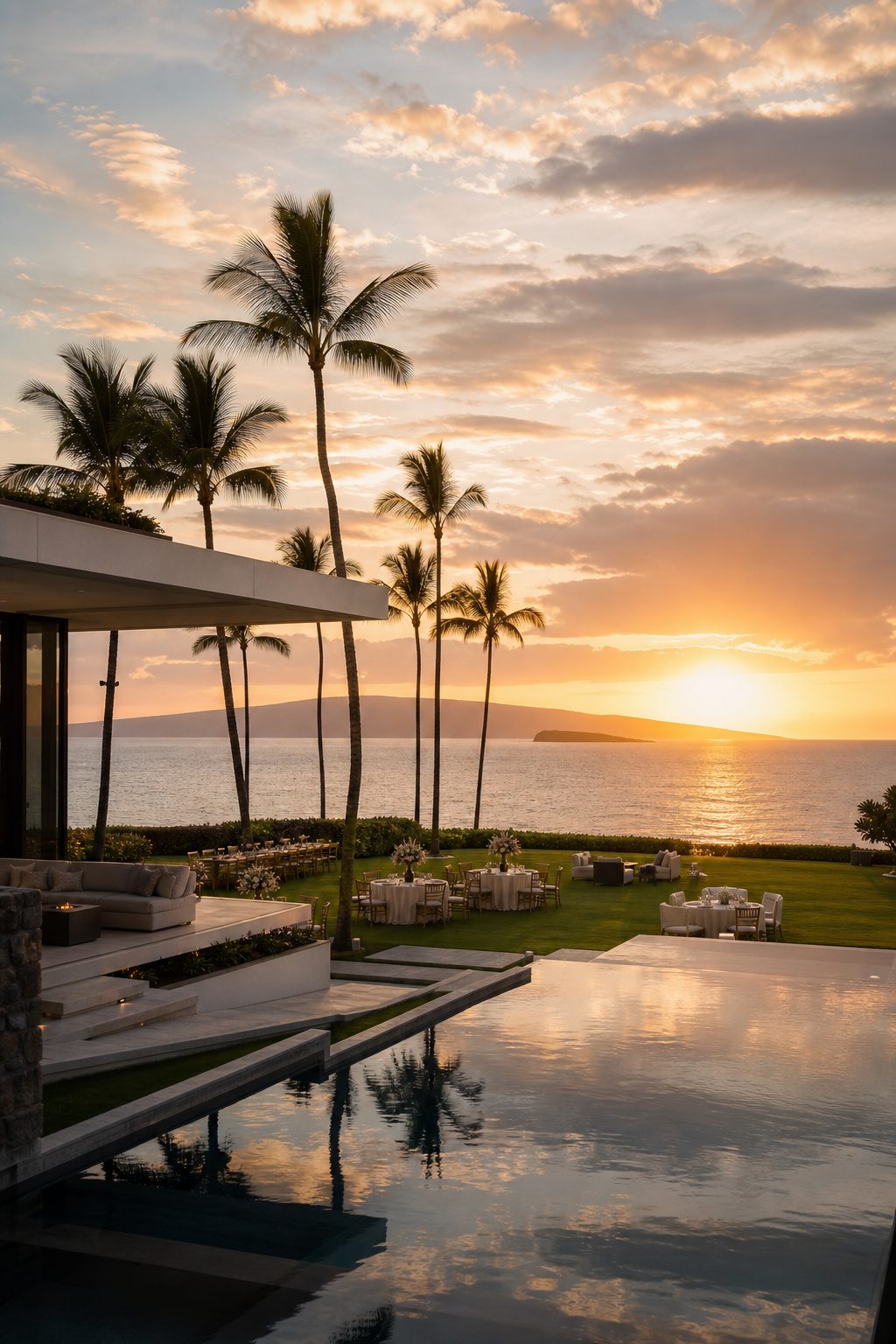 Modern oceanfront event lawn with infinity pools reflecting sunset, Wailea