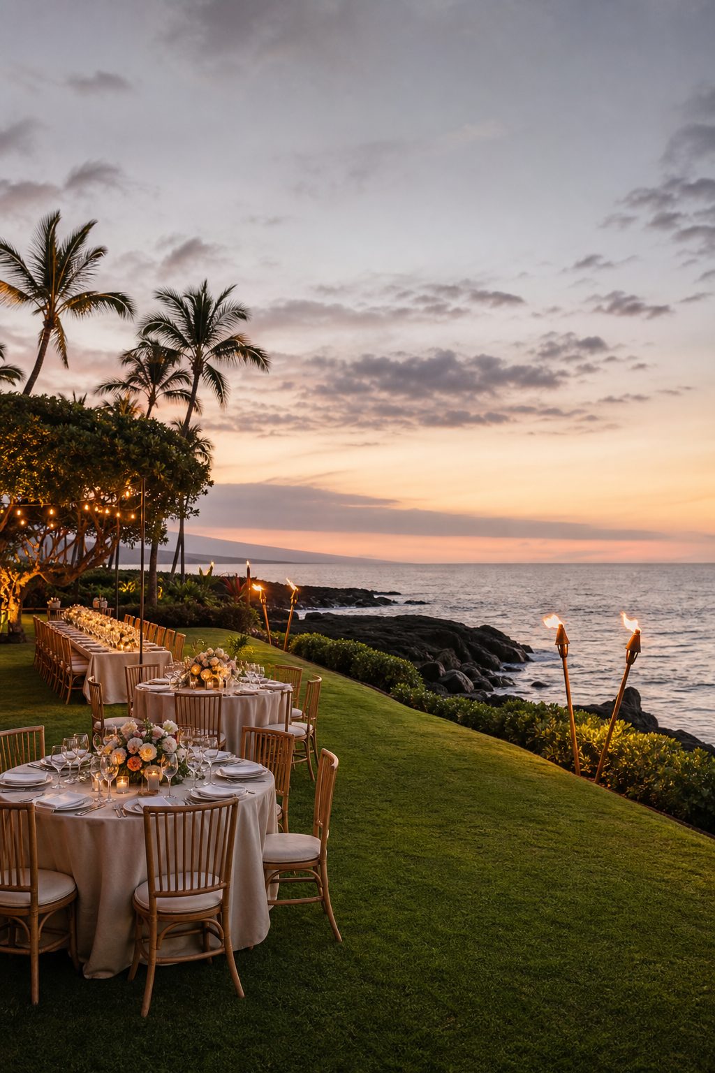 Manicured lawn meeting black lava shoreline with tiki torches at dusk