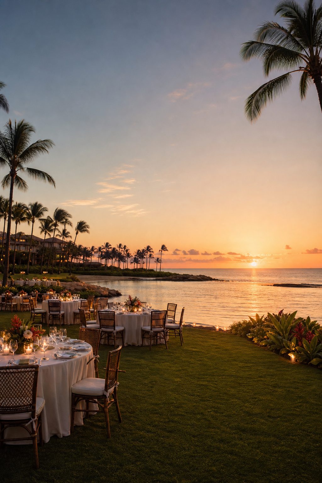 Lagoon-front resort terrace with reception tables at sunset, Ko Olina