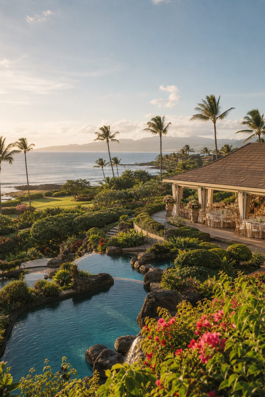 Tiered lagoon pools and open-air lanai overlooking Poipu's south shore