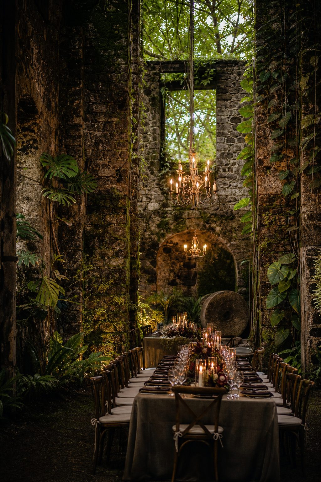 Candlelit dinner inside the ivy-covered stone walls of Haiku Mill