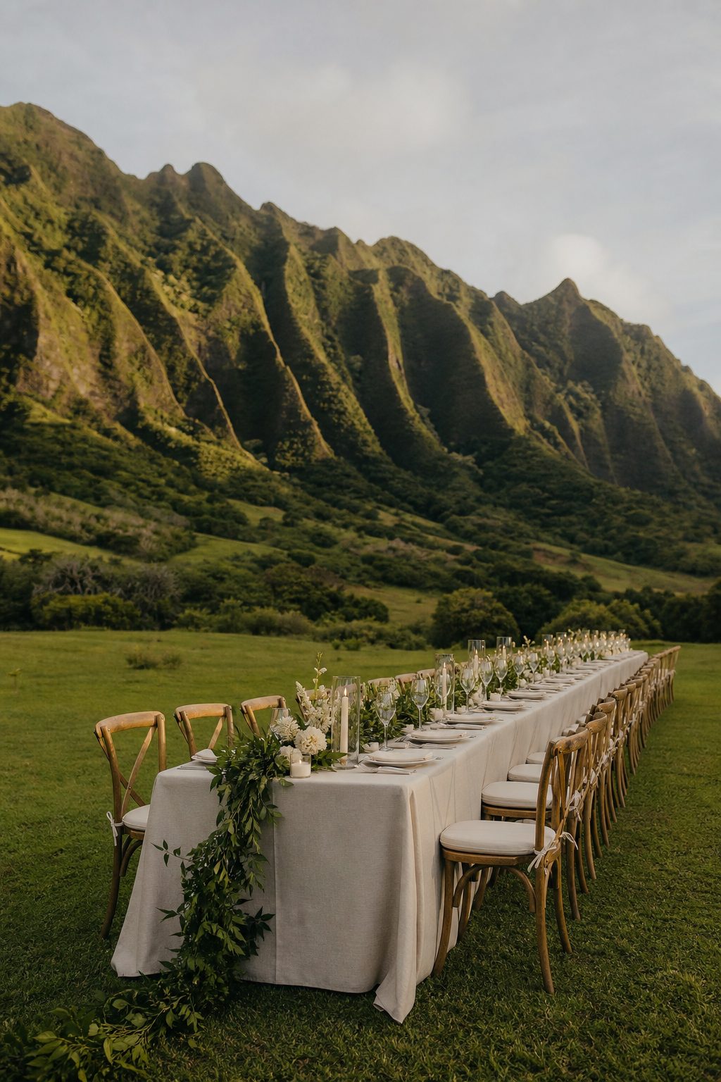 Long ivory banquet table on the Ka'a'awa Valley floor beneath Kualoa's fluted ridges