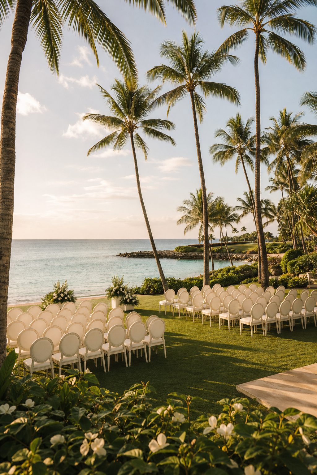 Oceanfront garden lawn under coconut palms at Lanikuhonua's lagoon shoreline
