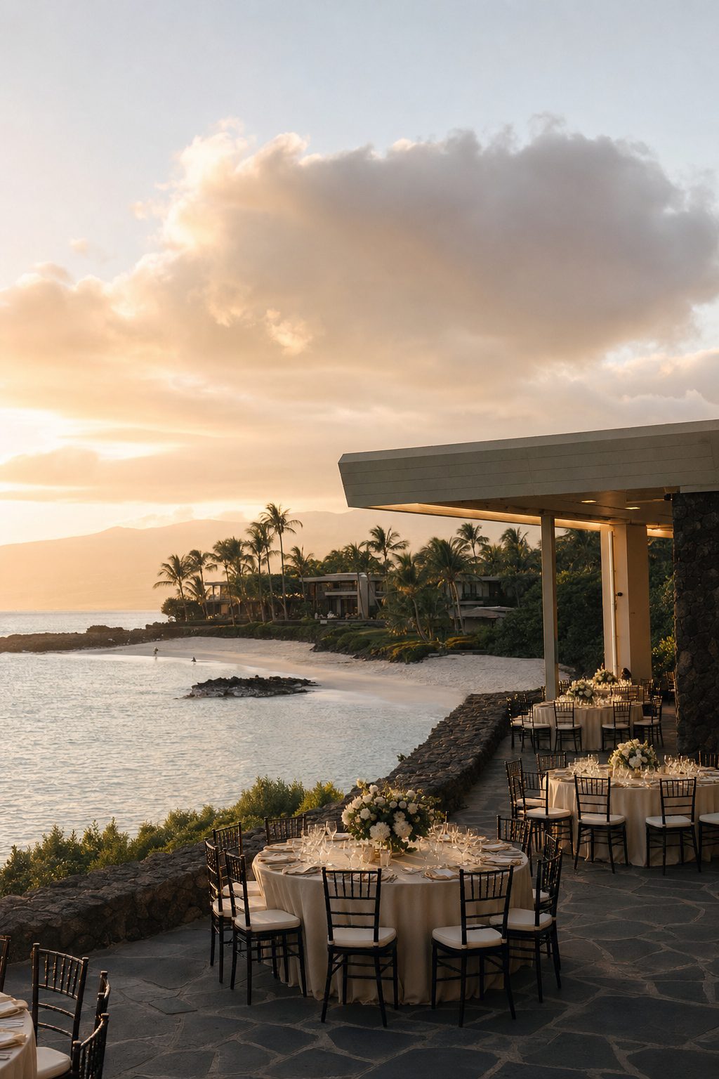 Mid-century beach hotel terrace above a white crescent bay at sunset, Kohala Coast