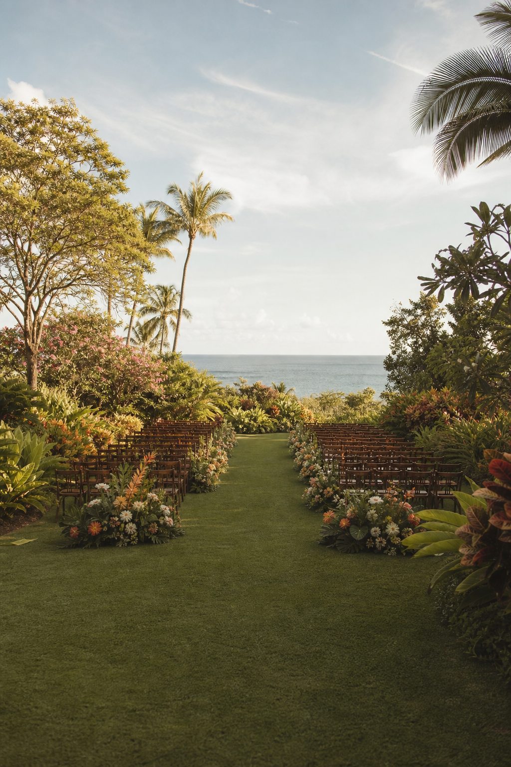 Grass ceremony aisle through lush sculpted botanical gardens, Kauai