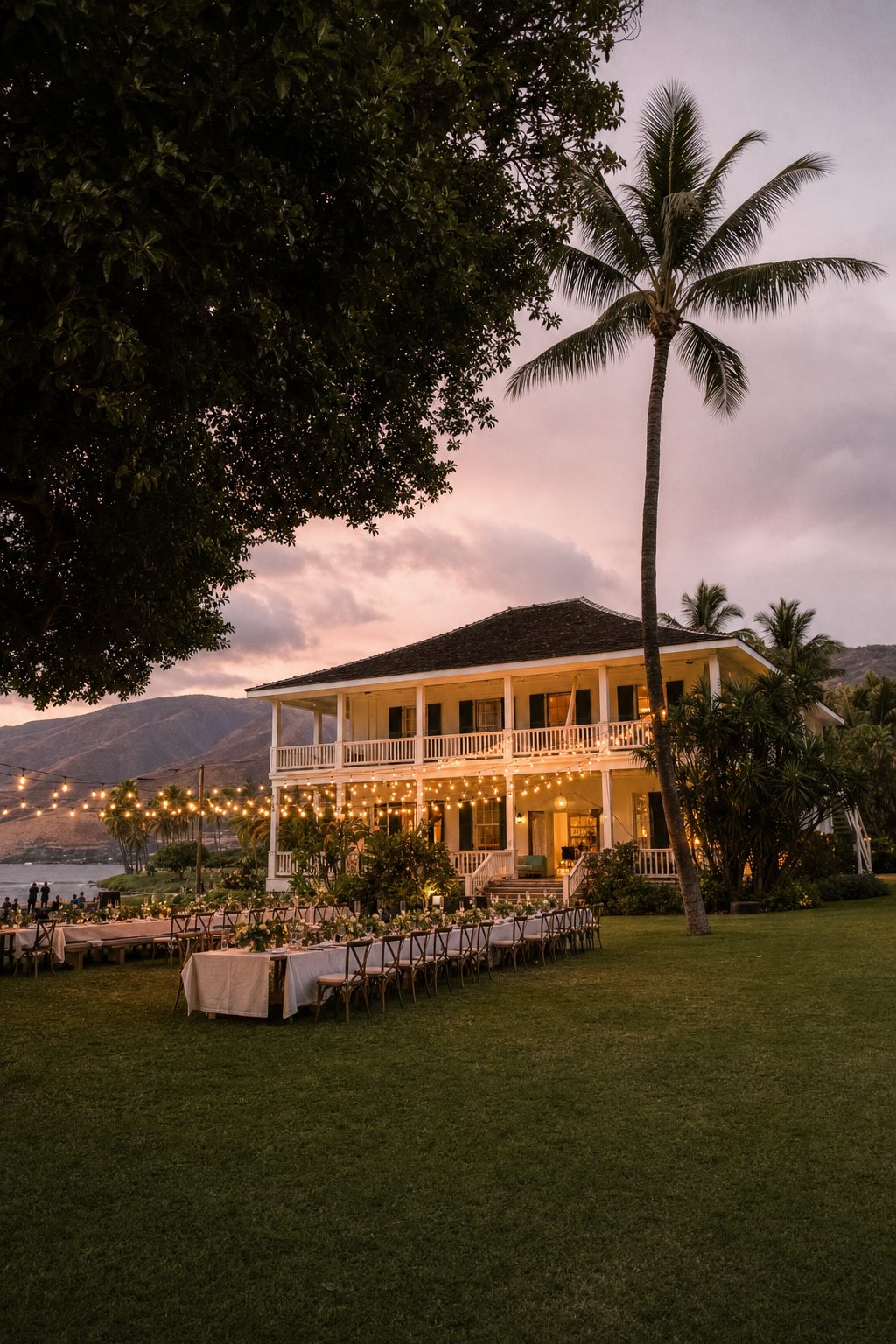 Plantation house lawn with string lights over long tables at dusk, Olowalu