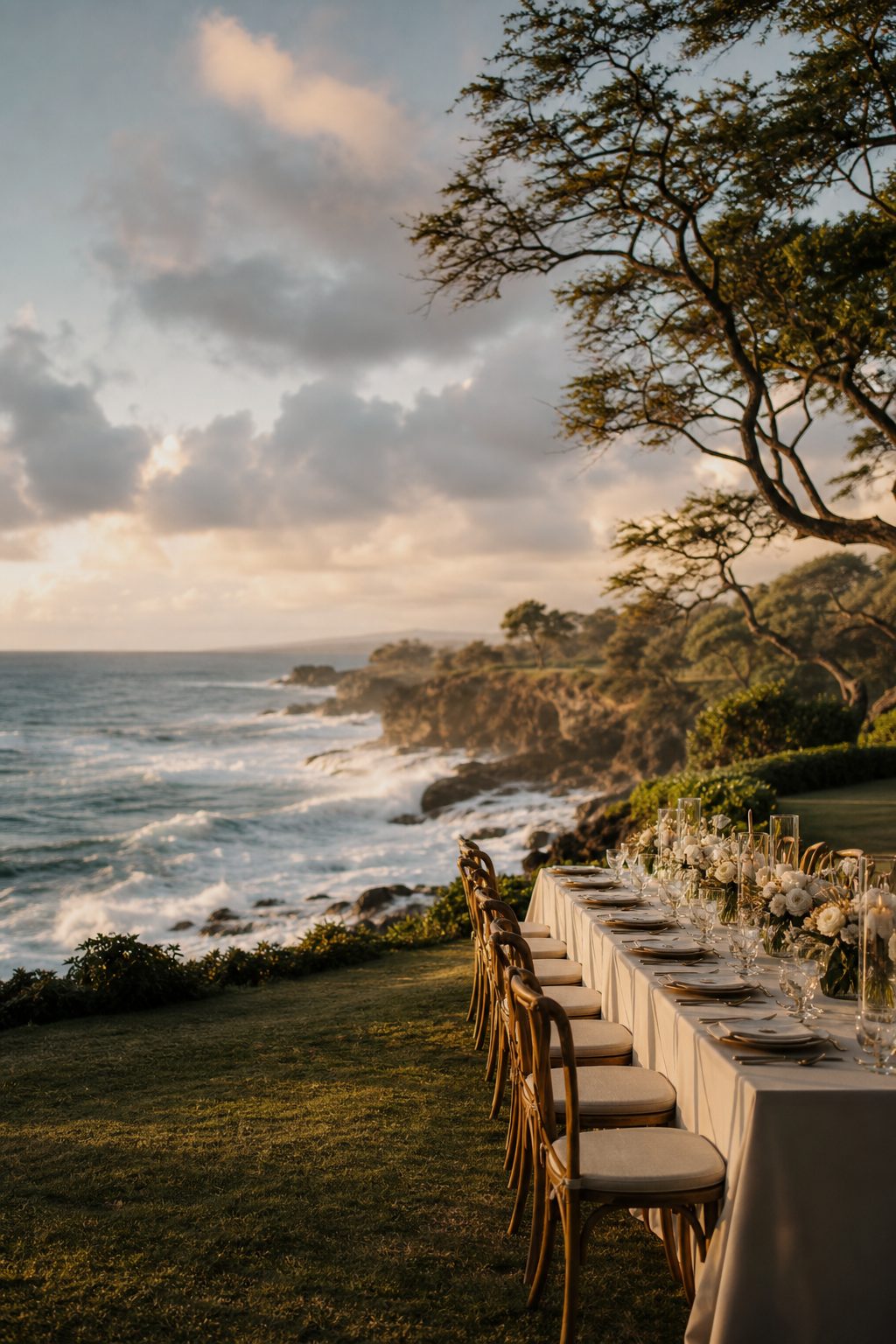 Oceanfront point lawn at Turtle Bay with wild surf beyond