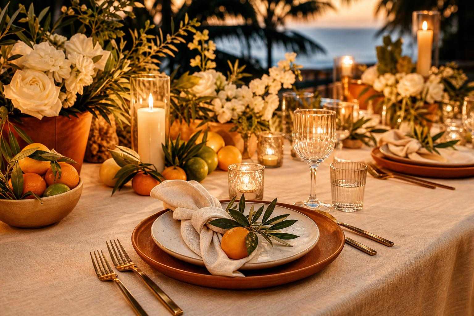 Candlelit tablescape with citrus, olive branches, and white blooms on cream linen